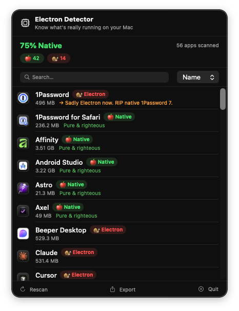Electron Detector showing a list of scanned apps with framework categories and native percentage score