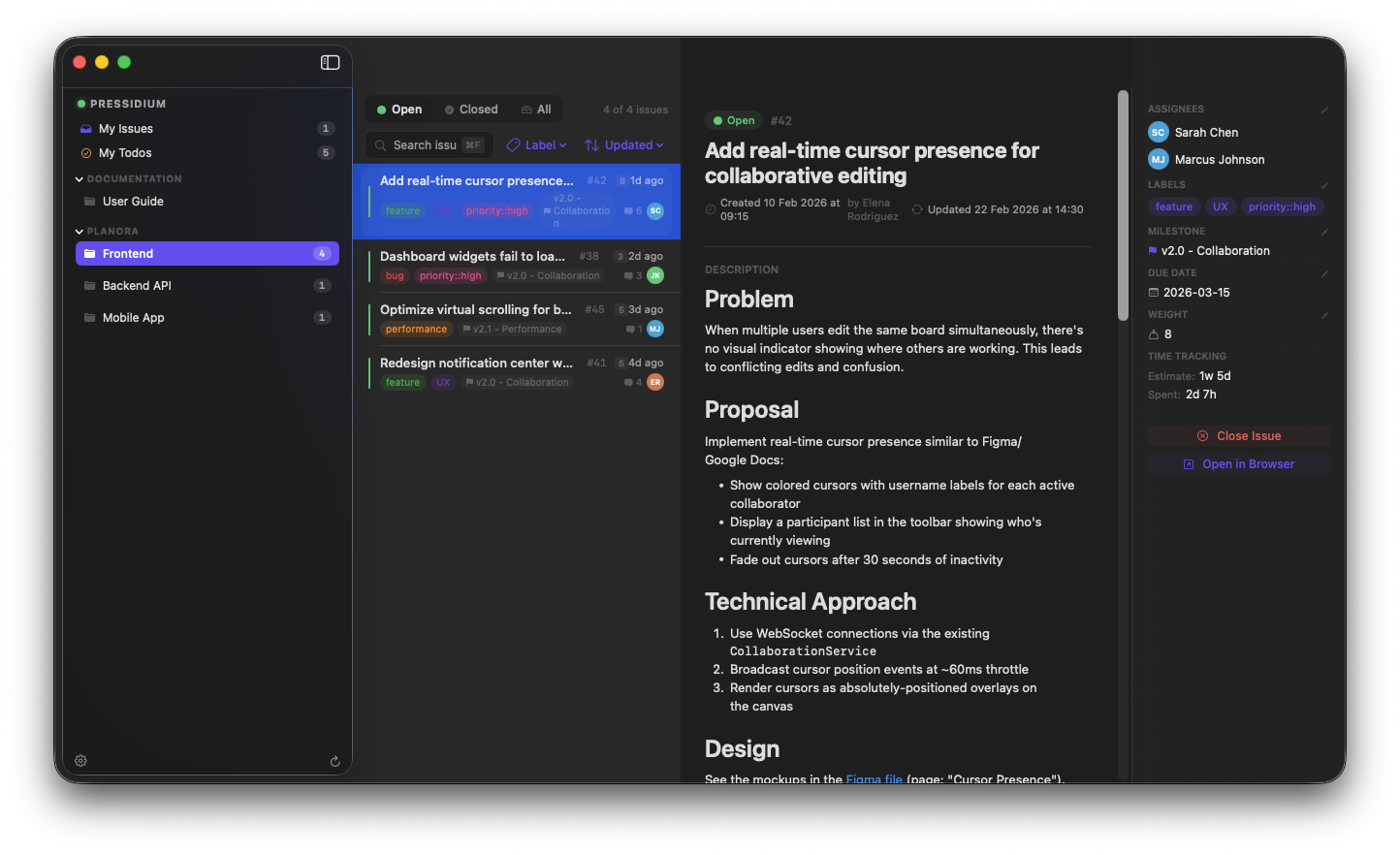 GitLab Issues app showing issue list with detail panel and metadata sidebar