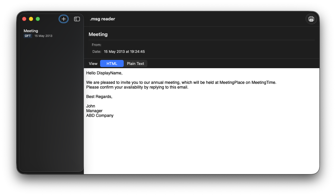 .msg & .oft Reader app showing an email message