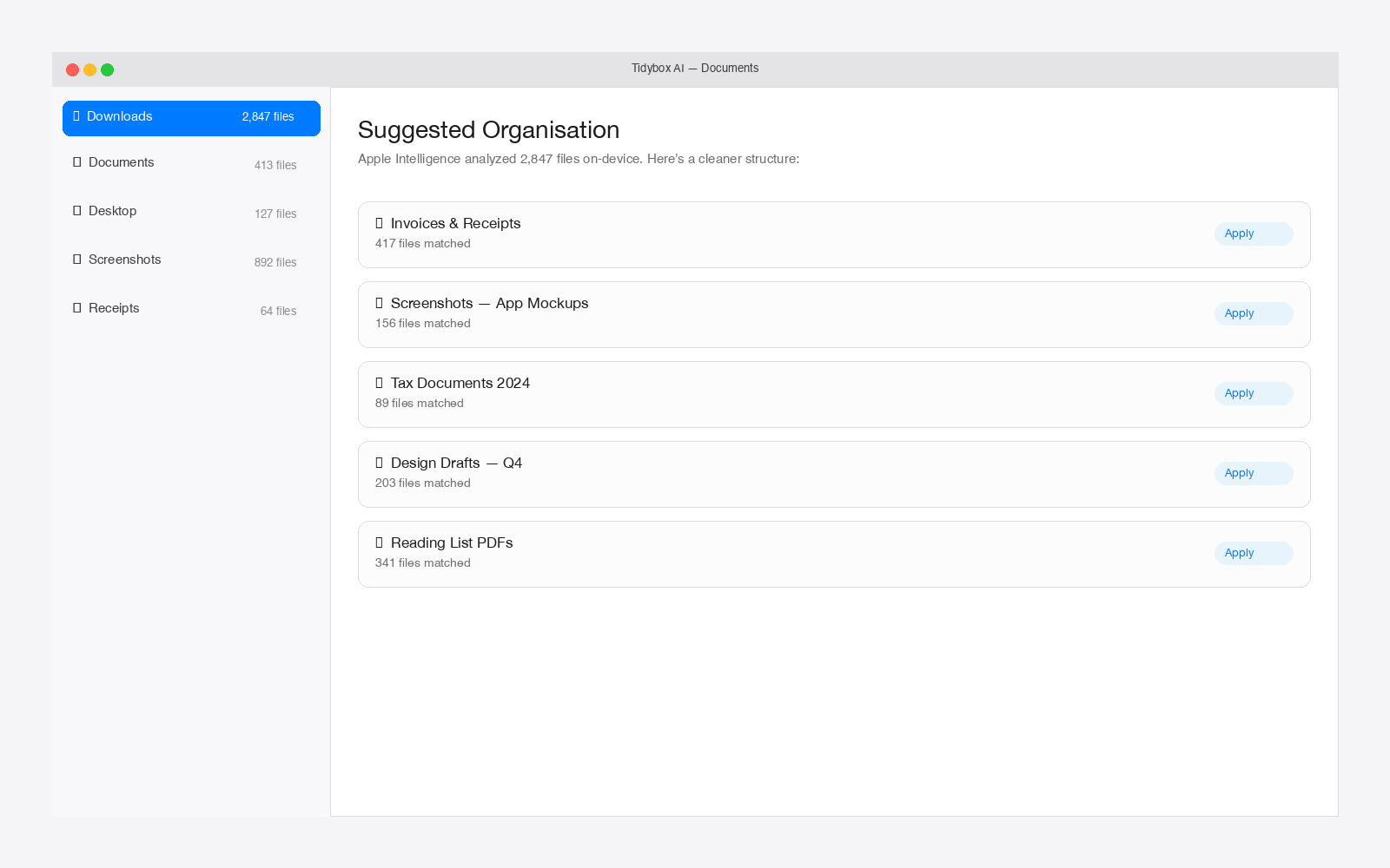 Tidybox AI showing a before/after folder organization plan with file checkboxes