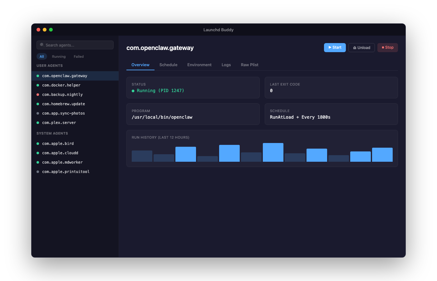 Launchd Buddy showing the agent browser with status indicators and visual schedule editor
