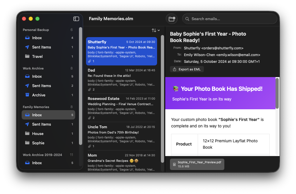 Mail Archive Viewer showing email folders and a selected email with attachments