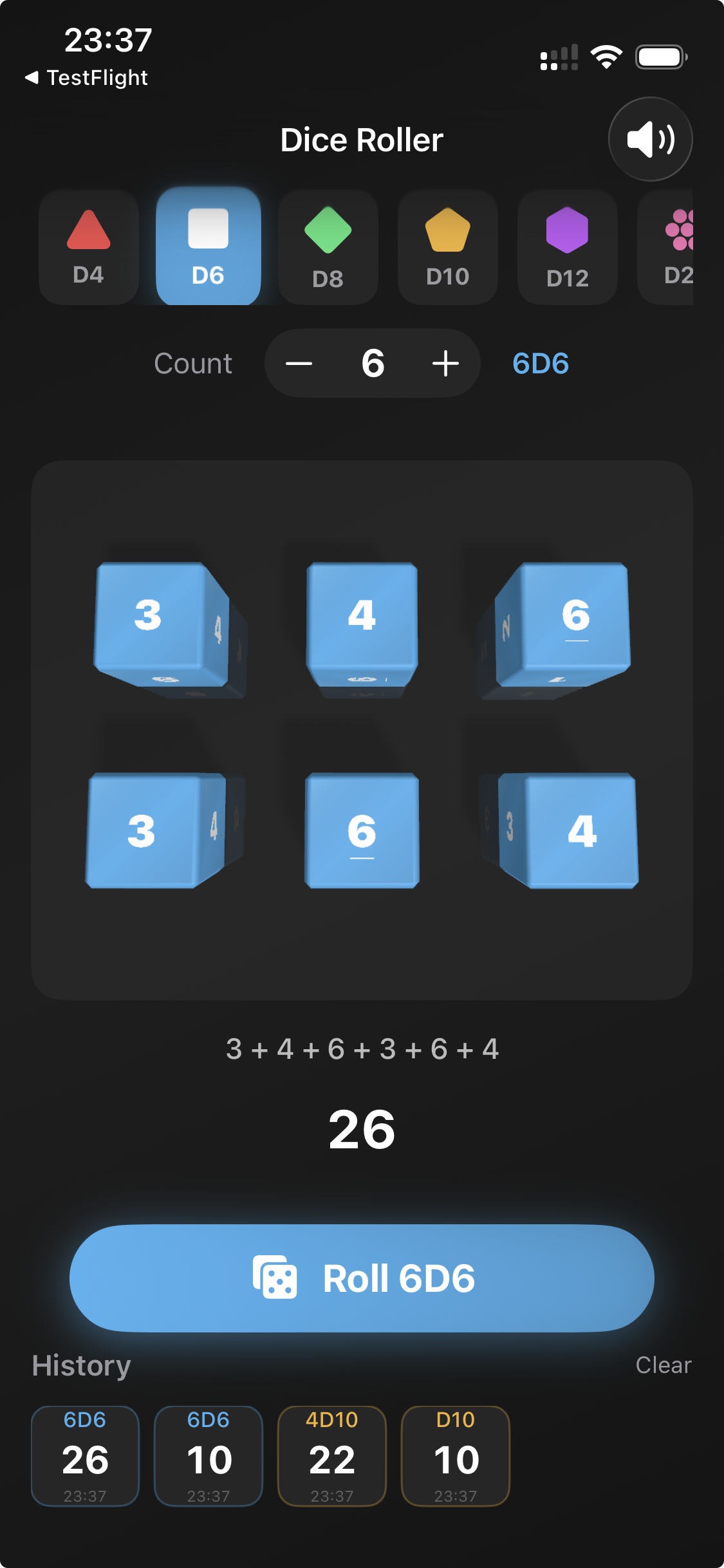 Rollr dice roller app showing 3D dice on a dark gaming surface